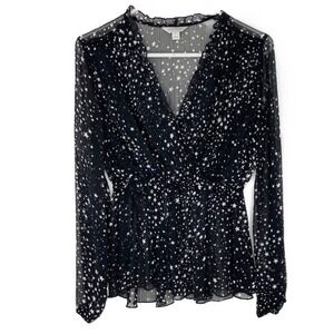 BELLE Sky Sheer Star Deep V-Neck Blouse Size Small